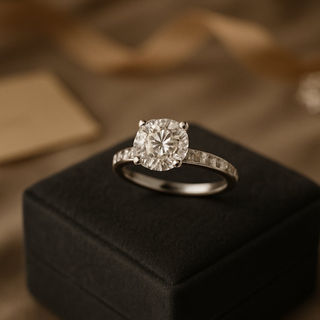 diamond solitaire engagement ring with pave diamonds on 14k white gold band