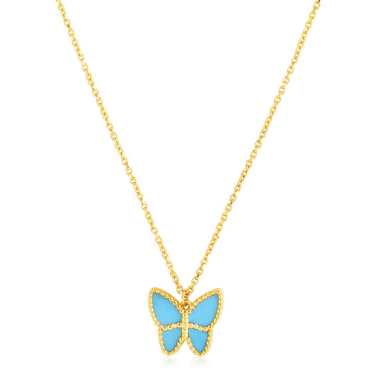 14k high polish yellow gold turqoise butterfly necklace