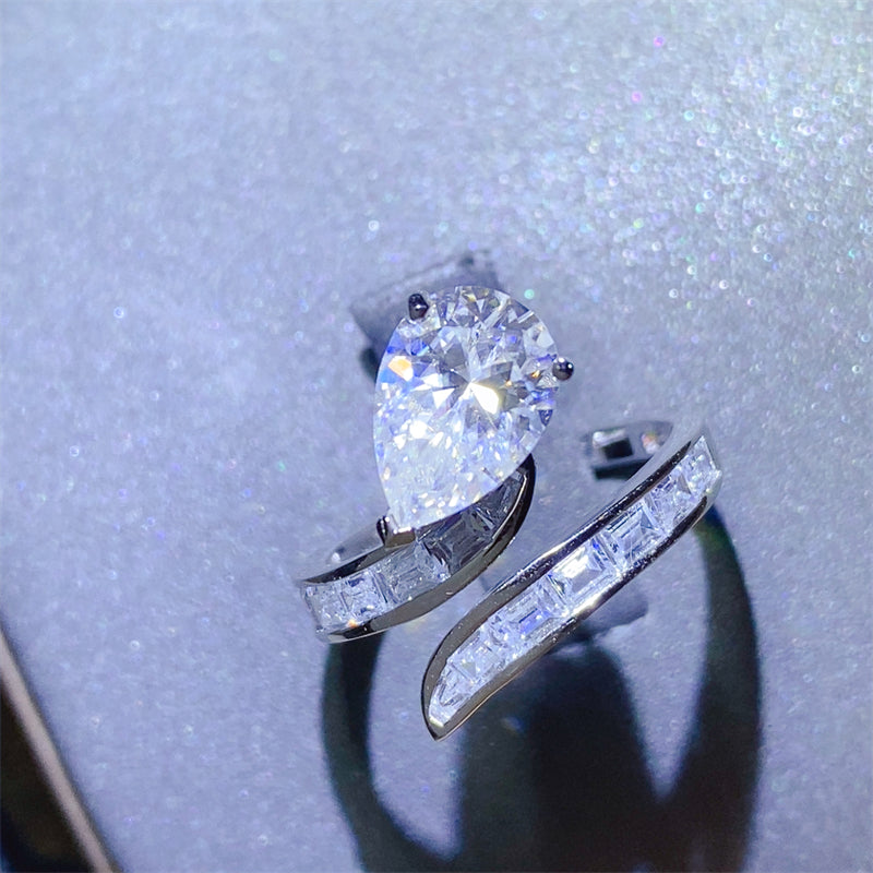 3 carat diamond alternative moissanite solitair teardrop bypass ring