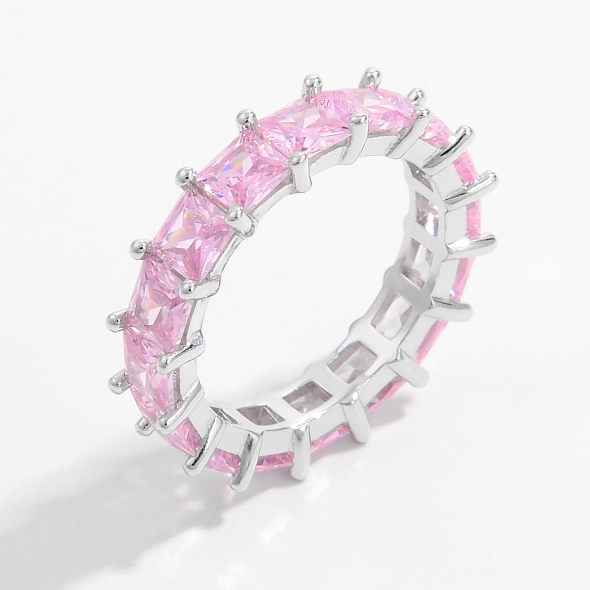 Silver Inlaid Natural Pink Zircon Eternity Ring