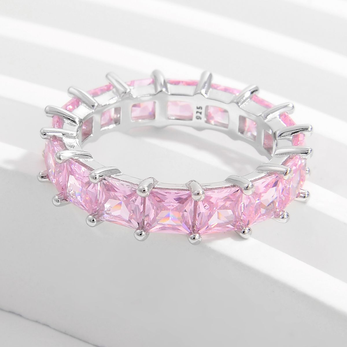 Silver Inlaid Natural Pink Zircon Eternity Ring