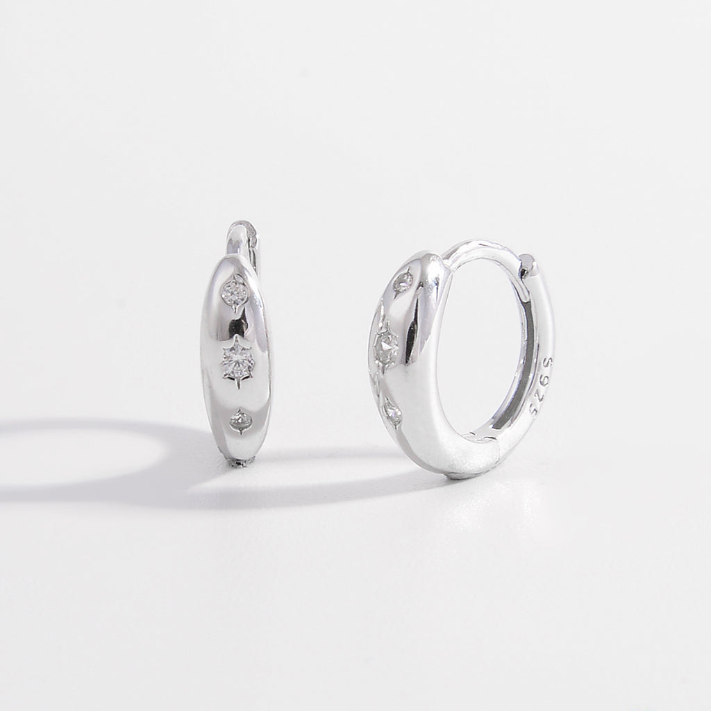 Silver Inlaid Zircon Huggie Earrings