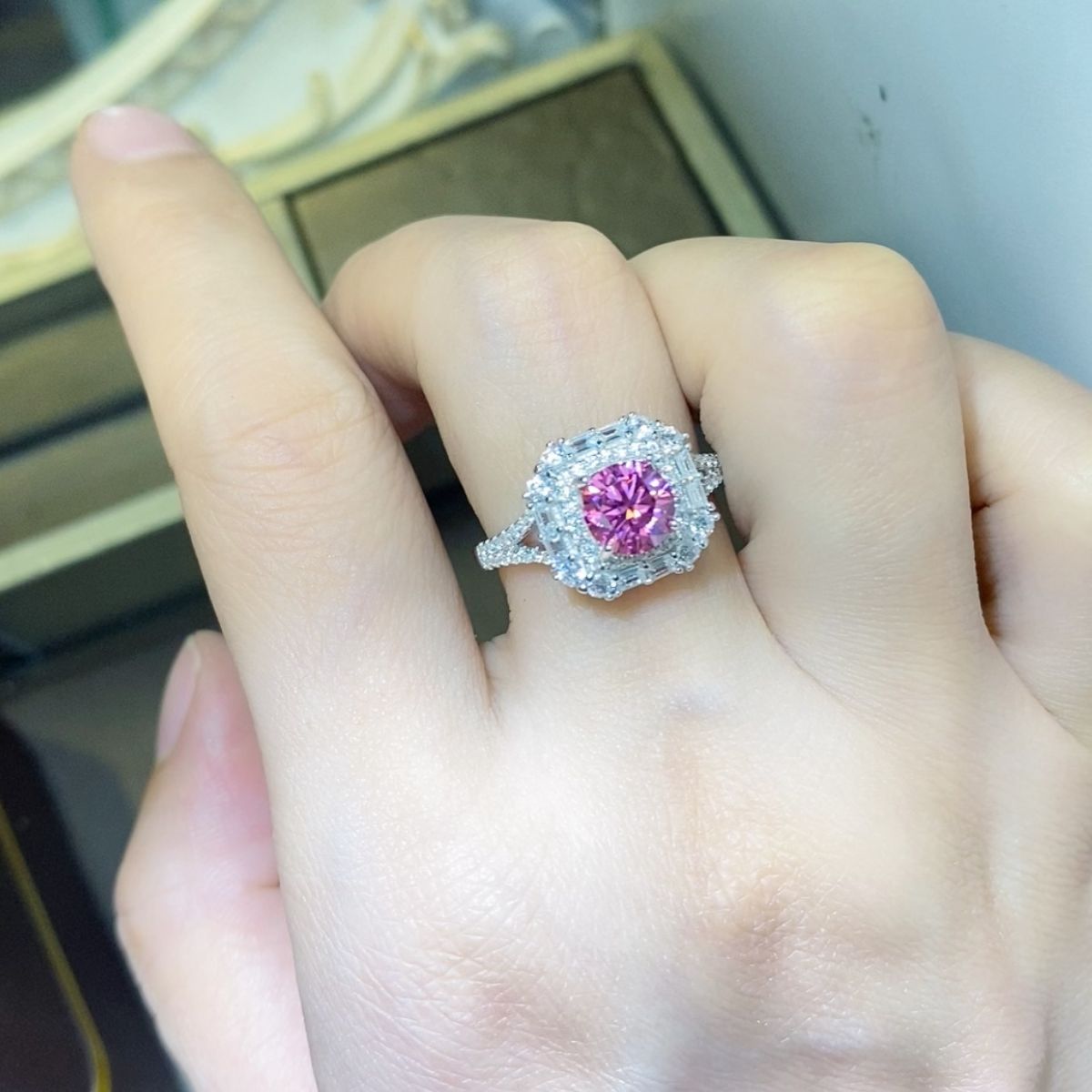 brilliant cut one carat pink diamond alternative halo ring