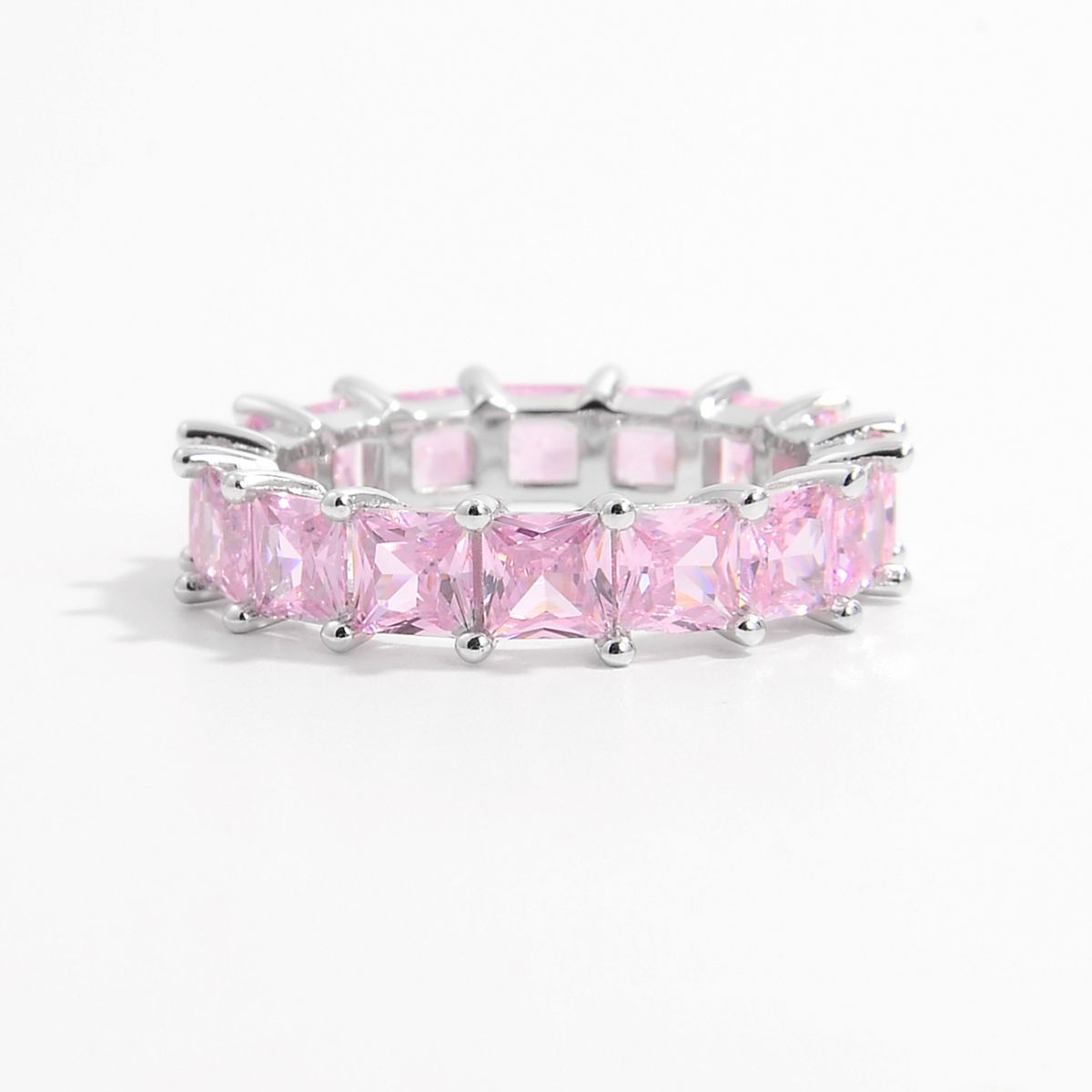 Silver Inlaid Natural Pink Zircon Eternity Ring