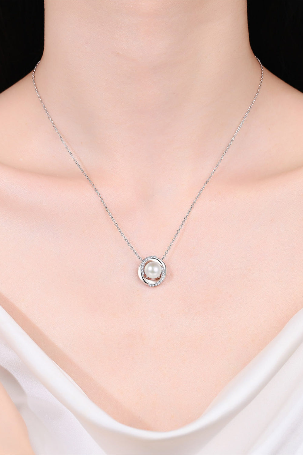 pearl necklace rhodium plated sterling silver moissanite gemstone accents
