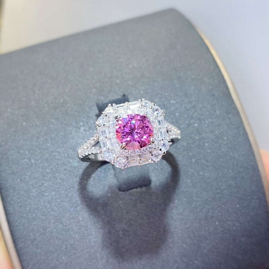 platinum plated one carat pink round cut diamond alternative halo ring