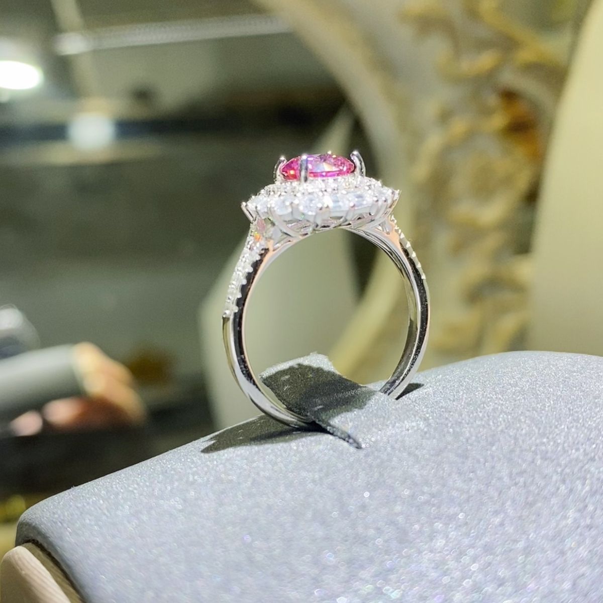 platinum plated pink diamond alternative moissanite women's halo engagement ring
