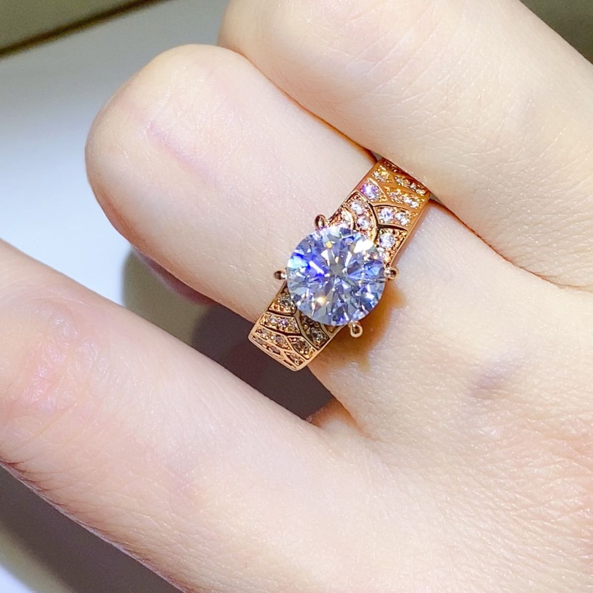 round cut moissonite diamond alternative gold plated silver ring